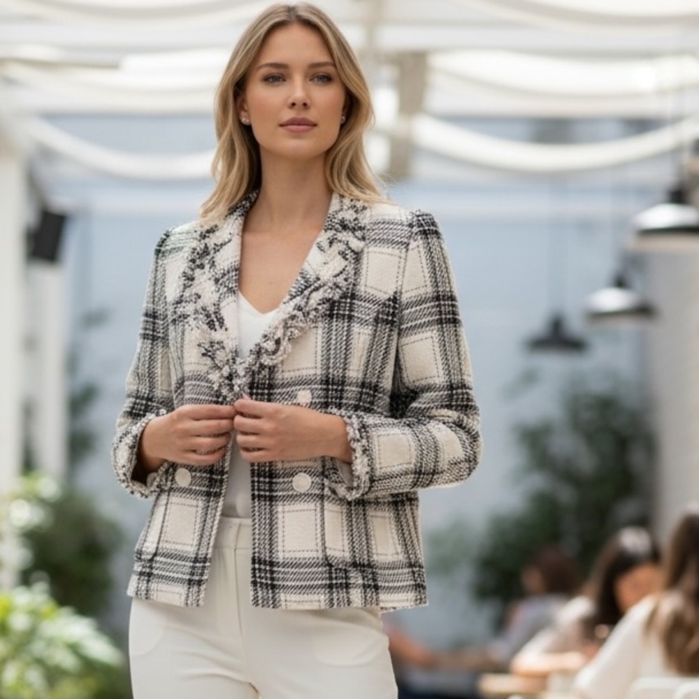 jade melody tam jacket Plaid Tweed Blazer with Fringe and Ruffle‎ Accents